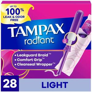 lot 4374 image: Tampax Radiant Tampons Light Absorbency with BPA-Free Plastic Applicator and LeakGuard Braid, Unscented, 28 Count, Packaging May Vary