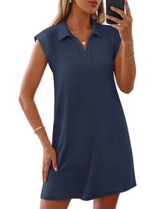 lot 4376 image: MEROKEETY Womens 2026 Summer Short Sleeve Mini Dress Casual Collared V Neck Loose T Shirt Dresses, Navy, X-Large