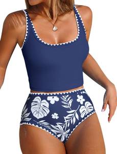 lot 4381 image: ZAFUL Tankini Swimsuit Tummy Control Bathing Suits Two Piece Swimwear Swim Top with High Waisted Bottom Navy Blue XL