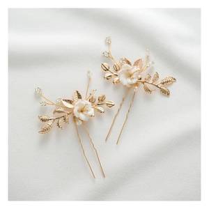 lot 4392 image: SWEETV 2Pcs Bridal Hair Accessories,Gold Wedding Hair Pins Pieces With White Flowers for Brides