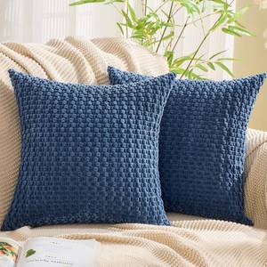 lot 4393 image: GAWAMAY Decorative Throw Pillow Covers 16x16 Inch Set of 2 for Living Room Couch Bed Sofa, Farmhouse Square Cushion Cover Soft Striped Corduroy Pillow Cases Boho Accent Home Decor (40x40cm) Dark Blue