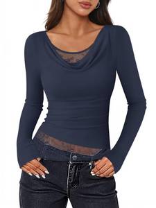 lot 4398 image: ZESICA Womens Fall Long Sleeve Tops 2026 Casual Cowl Neck Lace Slim Fit Going Out Y2k Knit Shirts Blouses,Navy,Large