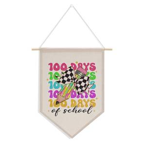 lot 4403 image: 100th Day of School Pennant Flag, Classroom Decor, Kindergarten Primary 100 Days Classroom Party Supplies Decorations, Coquette Glitter Checkered Bow Pencil Hanging Pennant Flag Banner Wall Sign