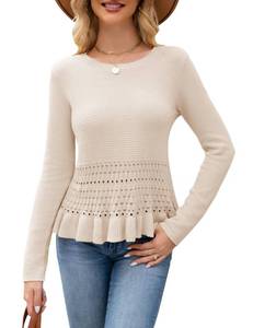 lot 4412 image: Gleeneat Womens Long Sleeve Peplum Sweater Crochet Ruffle Hem Cute Pullover Tops Fall Boho Knit Sweaters