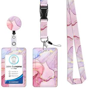 lot 4416 image: RZJZGZ ID Badge Holder, Retractable Badge Reel with Carabiner Belt Clip and Key Ring, Name Tag Work Badge Clip Vertical ID Card Holder Cover Case for Name Card, Key Card (Pink)