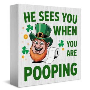 lot 6016 image: Summerjokes St. Patricks Day Decor Interesting He Sees You When You Re Pooping Country Tyle Wooden Box Sign, Bathroom Decor Bathroom Wooden Box Block Sign St. Patricks Day Gifts 5 x 5 Inches