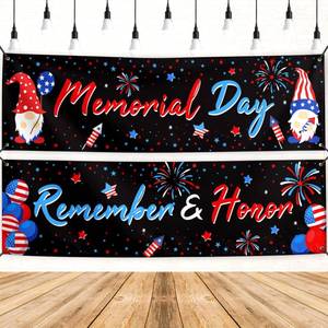 lot 6475 image: Memorial Day Banner 2pc 4th of July Backdrop Sign Red White and Blue Independence Day Decor American Flags Patriotic Decorations for Home Party
