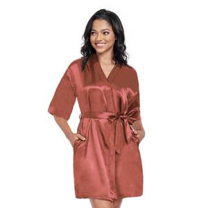 lot 6480 image: Polar Rabbit Women Short Satin Robes Lightweight Silky Sleepwear V-Neck Wedding Bridal Party Bride Bridesmaid Robes,Brick red X-Large Size