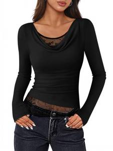 lot 6481 image: ZESICA Womens Fall Long Sleeve Tops 2026 Casual Cowl Neck Lace Slim Fit Going Out Y2k Knit Shirts Blouses,Black,Large