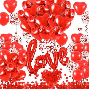 lot 6491 image: Lukinuo Red Happy Anniversary Balloons Set Red Valentines Day Balloons kit Red Heart Balloons with Love Foil Balloons Heart Hanging String, 1000Pcs Rose Petals for Wedding Anniversary Engagement Decor