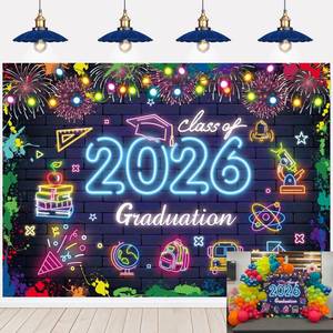 lot 6494 image: A2026 Neon Graduation Backdrop Class of 2026 Congrats Grad Colorful Neon Glow Graffiti Brick Wall Photography Background School Celebration Prom Send Off Party Decor Banner Photo Props (7x5FT) lot of 2