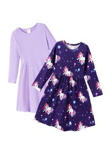 lot 10202 image: PATPAT Toddler Girl 2-Pack Long Sleeve A-line Dress Set Birthday & Magical Moments, Lavender Unicorn, 3 Years