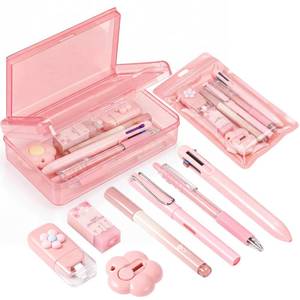 lot 10211 image: Tenceur 8 Pcs Pink Stationery Set 1 Double Layer Large Capacity Pencil Box 7 Pcs School Clear Pencil Box Supplies Ballpoint Pens For Offices School Supplies