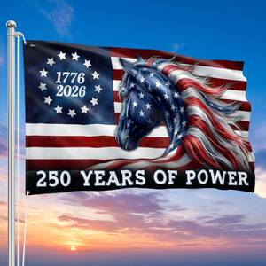 lot 10225 image: FLAGWIX American 250 Years Anniversary Horse Patriotic Flag - Polyester Double-sided Yard Flags For Outside Grommet Flag, 4x6 ft - 4th of July Decorations for Home Farm Yard Garden Decor Banner