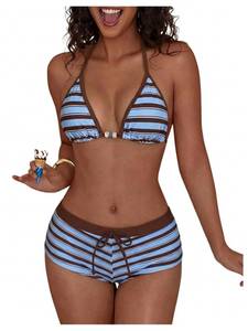 lot 10260 image: WDIRARA Womens Polka Dots 2 Piece Swimsuit Triangle Halter Bikini Set Boyshorts Bathing Suit Blue Brown X-Small
