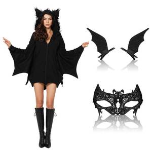 lot 12159 image: Janmercy 3 Pcs Halloween Bat Costume for Women Gilrs Black Bat Wings Poncho Lace Masquerade Mask Scary Costume for Women