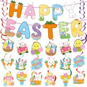 lot 12161 image: 47 Pcs Happy Easter Banner Garland with Hanging Swirls Decorations Cute Bunny Egg hanging Sign Easter Party Supplies School Home Office Decor