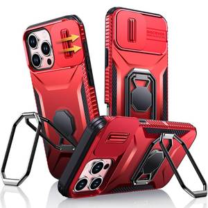 lot 12190 image: XYZ for iPhone 16 Pro Case with Stand, Phone Case with Slide Camera Cover, Foldable Double Ring Holder Military-Grade Shockproof Protective Cover for Apple 16 Pro 6.3 inch (Red)