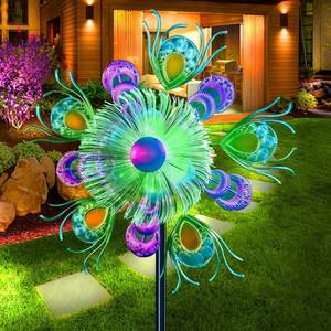 lot 13040 image: 40 Solar Peacock Wind Spinners Garden Stake, Solar Wind Sculpture Yard Art Decorations for Lawn, Patio & Yard & Garden Decor, Metal Green Whirligigs Wind Spinners Outdoor