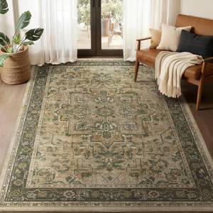 lot 13997 image: Jainmy Vintage Distressed 5x7 Area Rugs for Living Room Bedroom Non Slip Washable, Medallion Pattern Printed Low Pile Thin Carpet Rugs for Dining RoomKitchenHome Office, Multi Brown Olive Accents