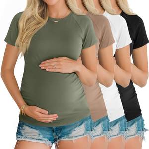 lot 14187 image: Oakgarden 4 Pack Womens Maternity Shirts Pregnancy Tunic Tops Raglan Short Sleeve Crew Neck Casual Mama Clothes(Army Green, Khaki, White, Black,XX-Large)