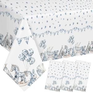 lot 14204 image: Batiyeer 3 Pcs Blue Toile De Jouy Baby Shower Decorations Chinoiserie Porcelain Plastic Tablecloth Blue White Vintage Floral French Rectangle Table Cover for Nursery Birthday Party Supplies, 54x108