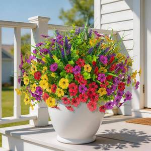 lot 14217 image: Artificial Flowers for Outdoors, 14 Bundles UV Resistant Fake Silk Flowers with Greenery Grass Lavendar Faux Plants Planter for Summer Decoration Porch Patio Yard Home Decor
