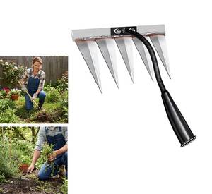 lot 14257 image: Iron Rake for Weeding, Garden Metal Rake Heavy Duty with 5 Tines, Garden Weeding Rake Tools, Sharp Gardening Weed Rake Tool, Hand Rake Weeder Tool Weed Puller for Backyard Farm Planting Weeding