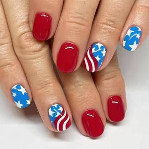lot 14303 image: 24Pcs Independence Day Press on Nails Short Square French Tip Fake Nails Red Blue White American Flag Nail Designs Full Cover Sparkly False Nails 4th of July Acrylic Nails for Women Manicure Decor