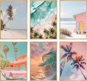 lot 14343 image: YRBBSGPJ 6pcs Beach Canvas Wall Art Coastal Nature Scenery Paintings Pictures Wall Decor Palm Tree Surfboard Poster Printing Artwork For Living Room Bedroom Dining Room Bathroom Home Decoration
