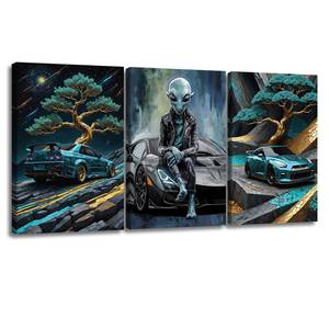 lot 19155 image: Pennimor 3Pc Framed Nature Bonsai Alien Sports Cars Canvas Wall Art 12x16in