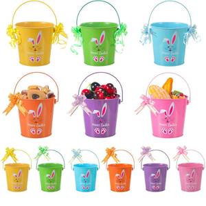 lot 19187 image: Teenyyou Easter Metal Buckets with Handle 4.5 x 4.7 Easter Colored Galvanized Buckets with 60 Ribbons Party Favor Pails for Eggs Gift Candy Garden Flower Pencil Holder Classrooms Flower(24 Pcs)