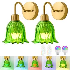lot 19795 image: Clyrolight Battery Operated Vintage Wall Sconces Set of Two, Rechargeable Wireless RGB Wall Lights for Living Room Bedroom Bathroom 4000mAh, Green Glass Flower Lampshade Modern Farmhouse Home Decor