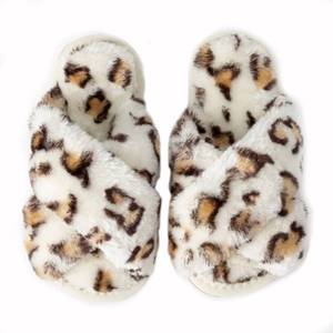 lot 19807 image: Enteer Girls Fluffy Slippers Memory Foam Soft Plush Cross Band House Shoes Indoor Outdoor Slip On Leopard 10-11 Little Kids