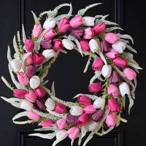 lot 19808 image: Bibelot 20 Inch Tulip Wreath for Front Door, Spring Summer Wreath with Pink White Purple Artificial Flowers, Valentines Day Wreaths for Wedding Gifts Window Wall Festival Decorations