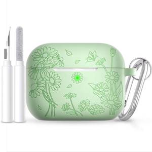 lot 20298 image: for AirPods Pro 3 Case (2025) DamonLight Daisy Floral Engraved Shockproof Protective Soft Silicone Case Cover with Cleaning Pen and Keychain for Apple Airpods Pro 3rd Generation(Avocado Green)