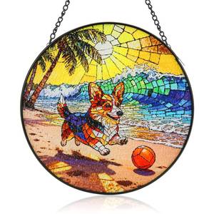 lot 20309 image: Stained Glass Suncatcher, 8 Inch Stained Glass Window Hanging Ornaments Sun Catchers for Home Kitchen Office Decor Pet Memorial Sympathy Dog Mom Gifts for Dog Lovers Women