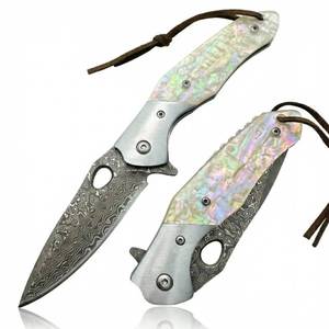 lot 20310 image: HOFBIW Damascus VG10 Steel Folding Pocket Knife, 3.15 Blade MOP Handle EDC Knife with Mechanical Lock Pocket Clip for Men Women Camping Survival Hiking