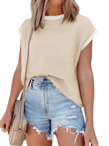 lot 20354 image: Saodimallsu Womens Summer Cap Sleeve Knit Tops Casual Sleeveless Sweater Vest Crew Neck Color Block 2025 Trendy Tank Top Beige Large