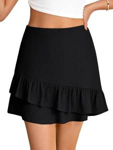 lot 20360 image: Umenlele Womens High Waisted Mini Skirt Layered A Line Hem Textured Casual Skirts Fashion Short Skirt Black X-Large