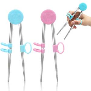 lot 20376 image: Patelai 2 Pairs Training Chopsticks for Kids, Children Learning Stainless Steel Reusable Metal Chopsticks Helper(Blue, Pink)