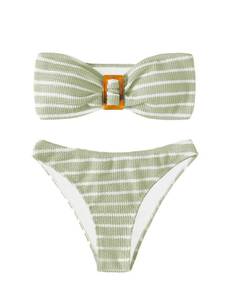 lot 20381 image: GORGLITTER Womens Strapless Bandeau Swimsuits 2026 Striped High Waisted Thong Bikini Set Cheeky Sexy Bathing Suit Green Medium