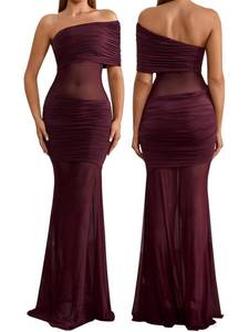 lot 2161 image: VKIHOC Off The Shoulder Mesh Long Formal Wedding Guest Dress Summer Patchwork Cocktail Party Maxi Dresses for Women 2026 Wine XL