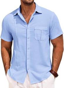 lot 2175 image: Runcati Mens Cuban Guayabera Shirts Button Down Short Sleeve Shirt Casual Mexican Summer Beach Wedding Tops with Pocket Sky Blue S