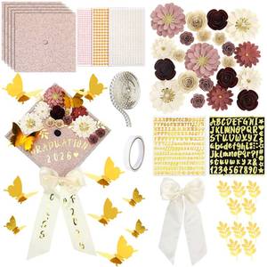 lot 2192 image: Wavwavw 61 Pcs DIY Graduation Cap Decorations Kit, 2026 Grad Cap Decor Included Bow Paper Flowers 3D Butterfly Pearl Letters Stickers Glitter Construction Paper for DIY Grad Hat Topper(Dark Pink)