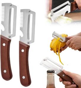 lot 2213 image: 3-in-1 Vegetable Peeler with Wooden Handle �� Stainless Steel Swivel Peeler, Julienne Shredder & Bottle Opener �� Heavy Duty Kitchen Tool for Potatoes, Carrots, Zucchini, Cucumber��2PCS)