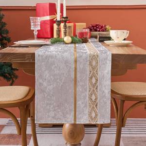 lot 2250 image: Mayler Yee Table Runner, Velvet Sequin Luxury Runner with Glitter Golden Feather Trim Strip, Seasonal Kitchen Dining Home Decoracion for Christmas, Birthday, Party, Baby Shower (Silver, 13x72Inch)
