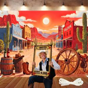 lot 4050 image: 8X6ft Large Cartoon Desert Backdrop Wild West Desert Sand Cactus Photography Background Western Rodeo Birthday Party Decoration with 32.8Ft Ribbon and Wanted Photo Booth