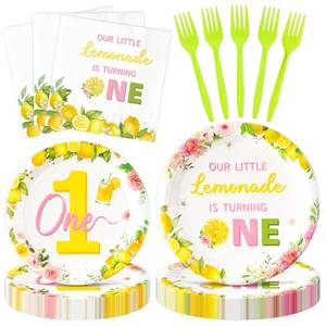 lot 4058 image: G1ngtar 96Pcs Lemon 1st Party Plates Supplies Pink Yellow Our Little Lemonade Is Turning One First Birthday Tableware Decorations Disposable Paper Plates Napkins Forks for Kids Baby Shower, Serves 24
