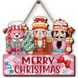 lot 4472 image: Nutcracker Christmas Wooden Wreaths for Front Pink Nut Cracker Welcome Sign Vintage Elf Xmas Holiday Decor Nutcracker Christmas Decorations for Home Party
